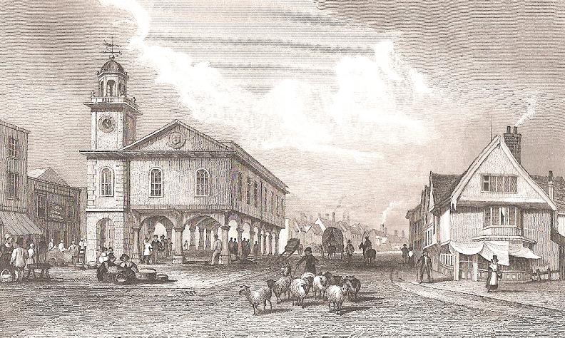 The guildhall in Market Square, Faversham, from a print dated 1830.